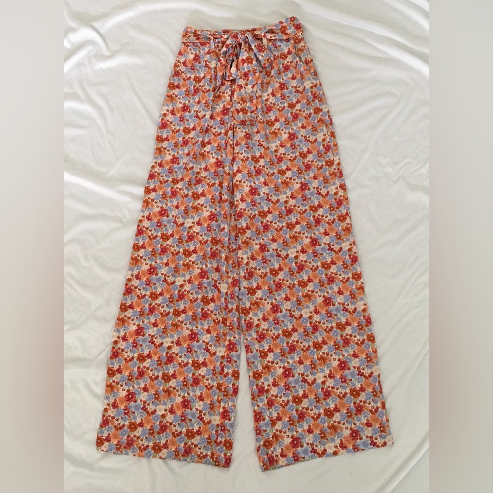 Forever 21 floral wide leg pants with red, orange, and blue flowers